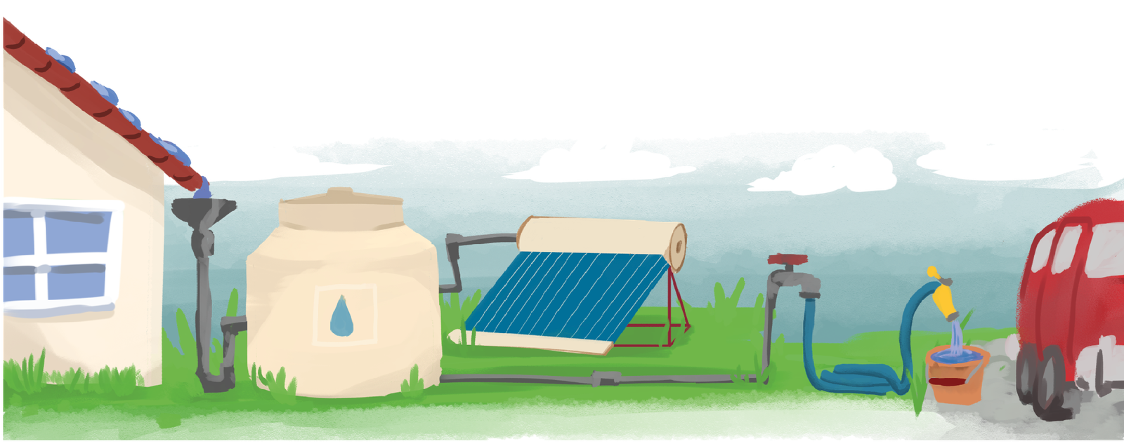 Casa con captación de agua de lluvia, calentador solar y huerto