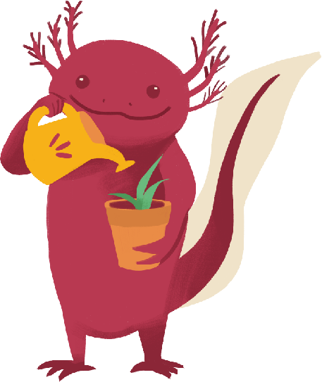 Ajolote regando una planta